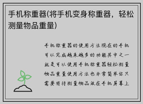 手机称重器(将手机变身称重器，轻松测量物品重量)